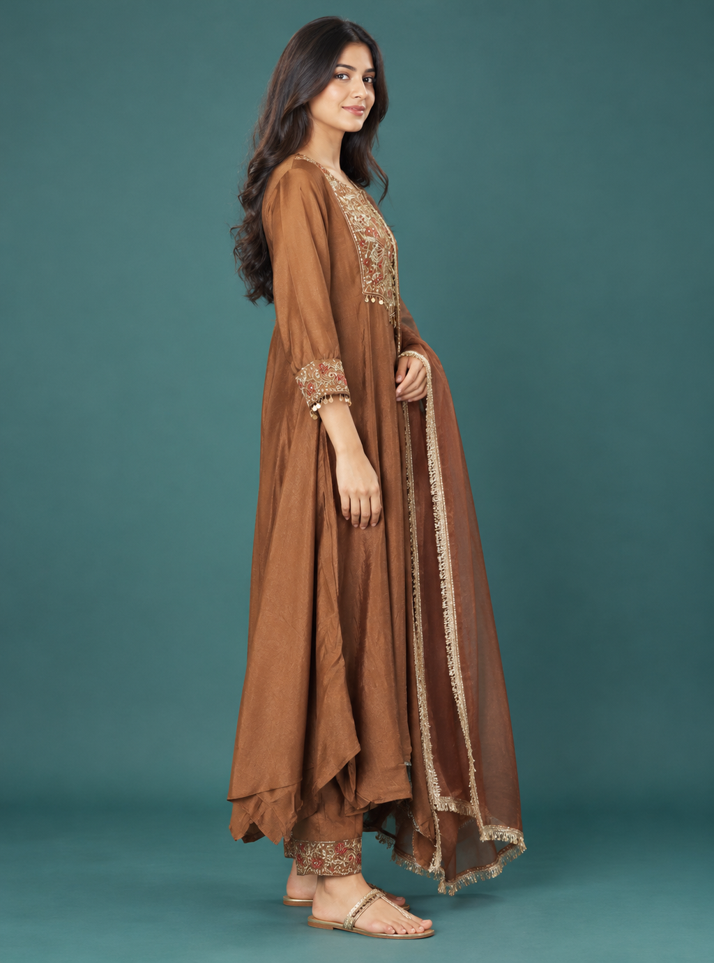 Copper Bloom Rust Silk Blend Sequin Threadwork Anarkali Suit Set with Dupatta