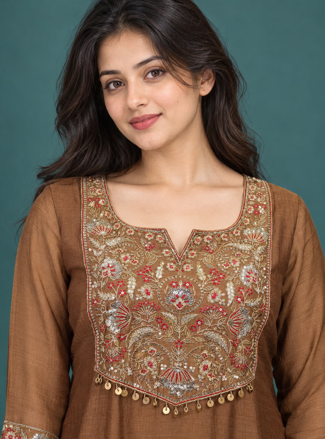 Copper Bloom Rust Silk Blend Sequin Threadwork Anarkali Suit Set with Dupatta