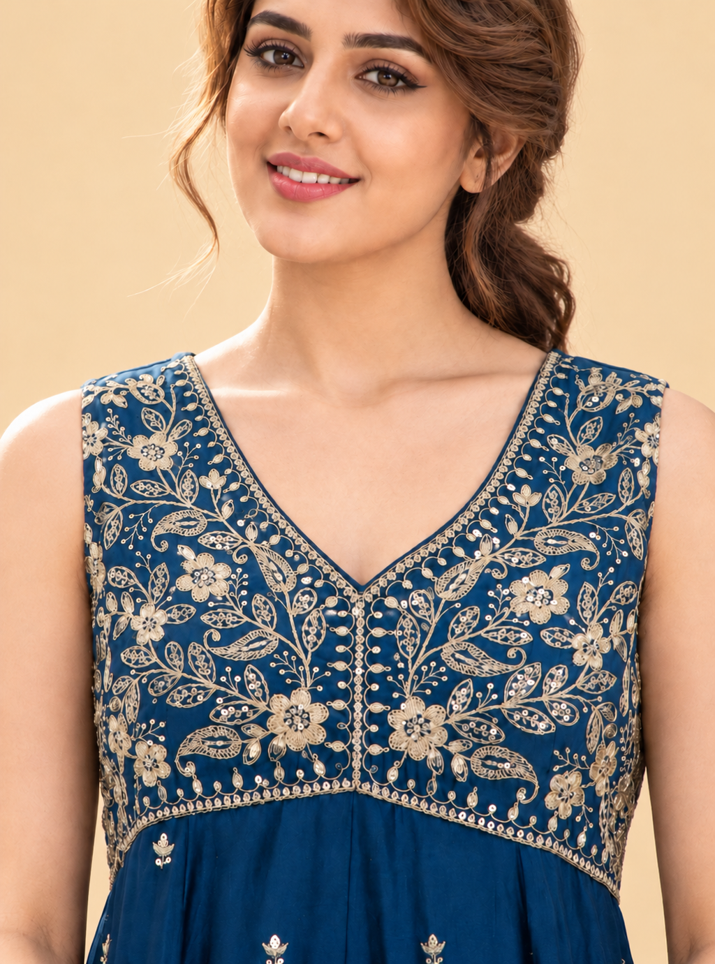Midnight Petal Navy Blue Silk Blend Short Kurta Garara Style Suit Set