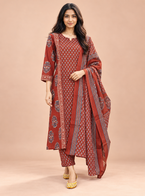 Ember Folk Rust & Red Hand Block Cotton Mirror Work Suit Set - Indieshades