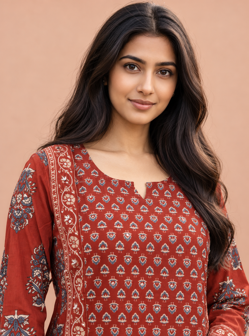 Ember Folk Rust & Red Hand Block Cotton Mirror Work Suit Set