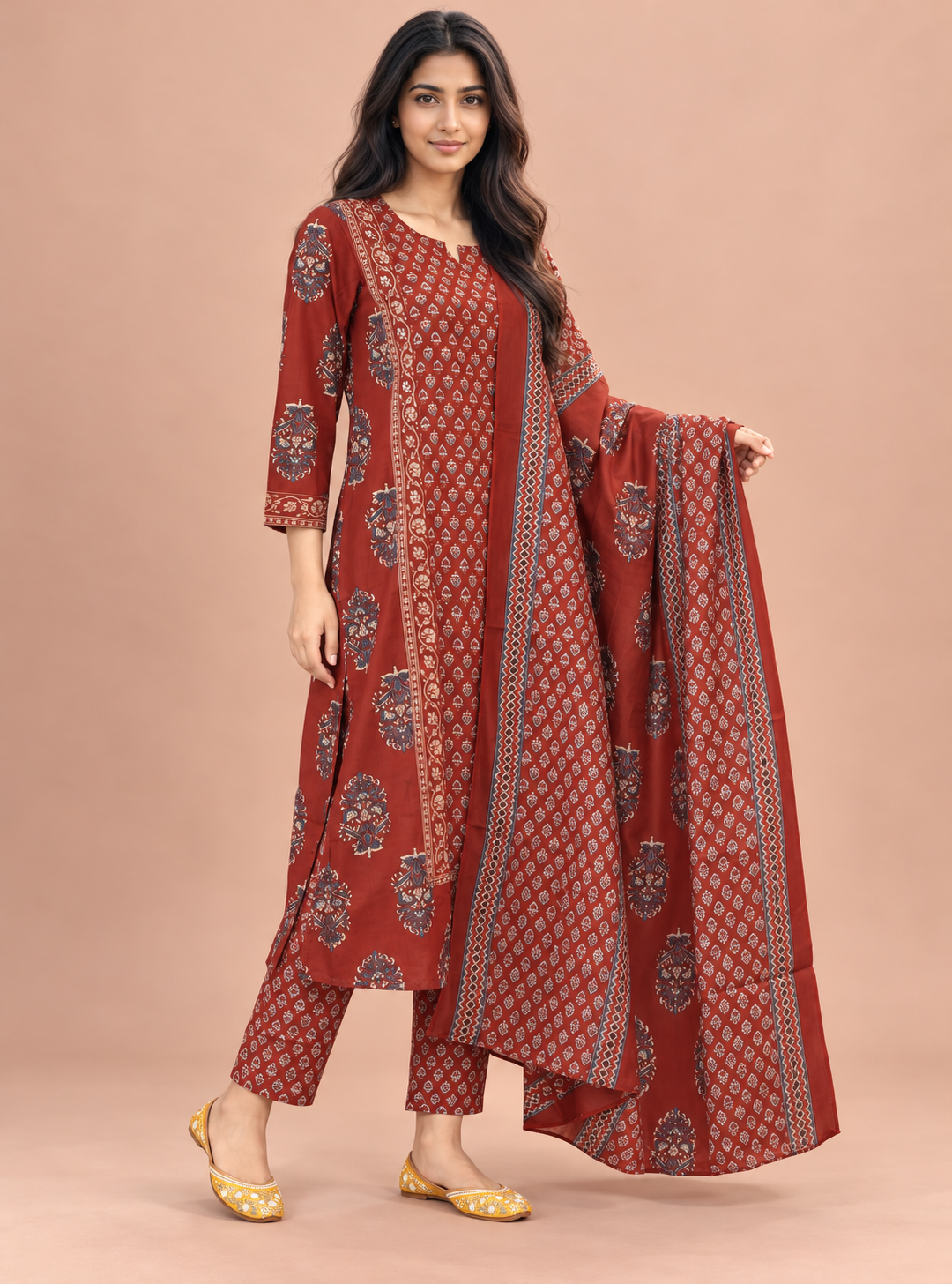 Ember Folk Rust & Red Hand Block Cotton Mirror Work Suit Set