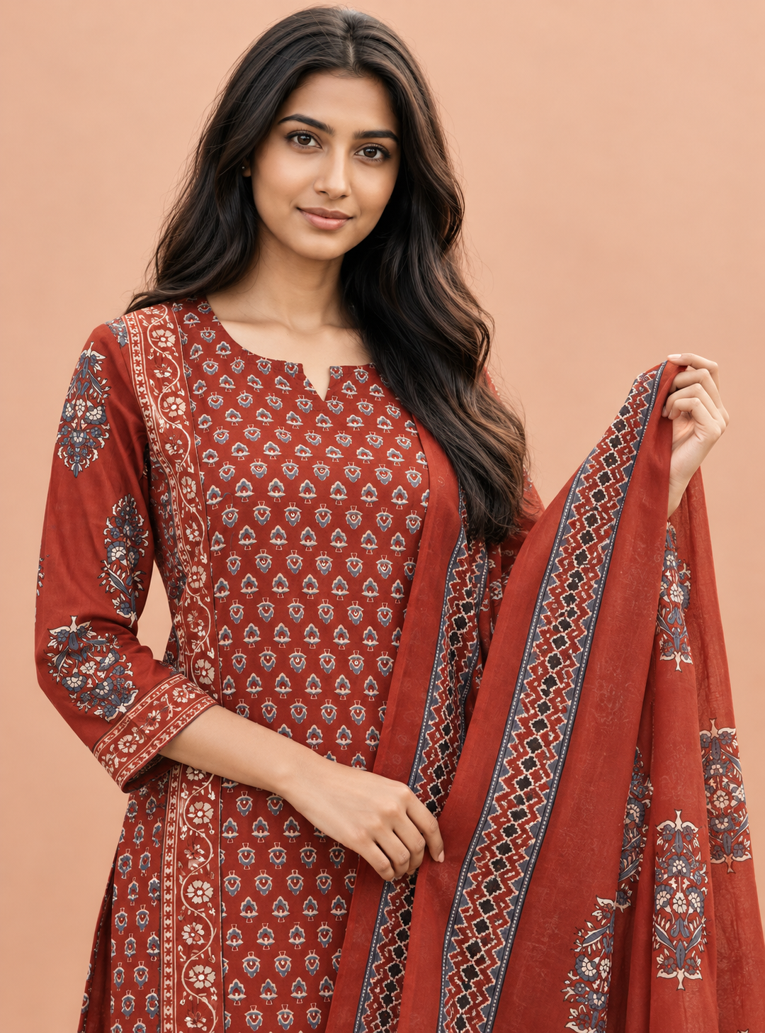Ember Folk Rust & Red Hand Block Cotton Mirror Work Suit Set