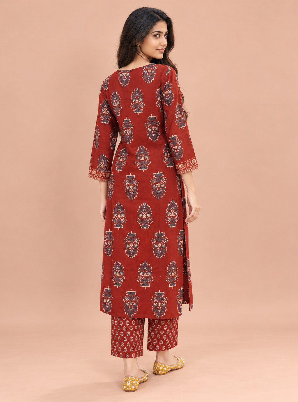 Ember Folk Rust & Red Hand Block Cotton Mirror Work Suit Set