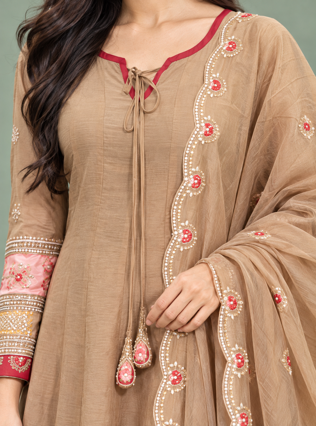 Champagne Petal Beige Banarasi Mul Chanderi Gota Kaddana Full Kali Anarkali Suit Set