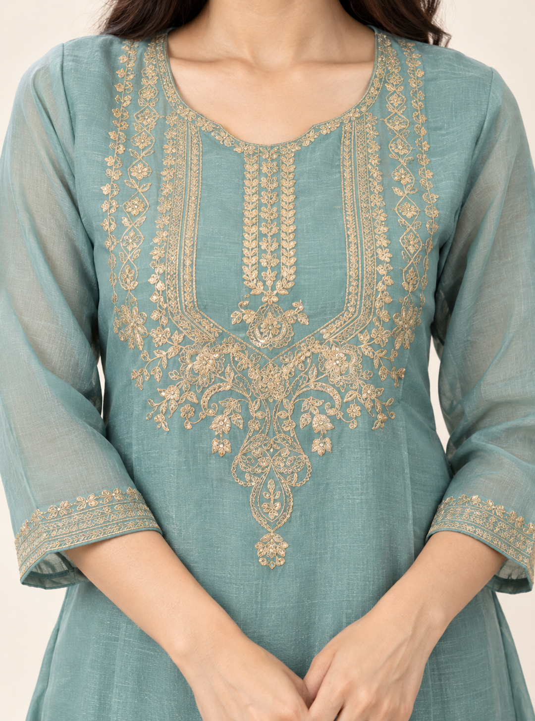 Seafoam Gleam Sea Green Soft Tissue Zari Work A Line Suit Set with Plazo