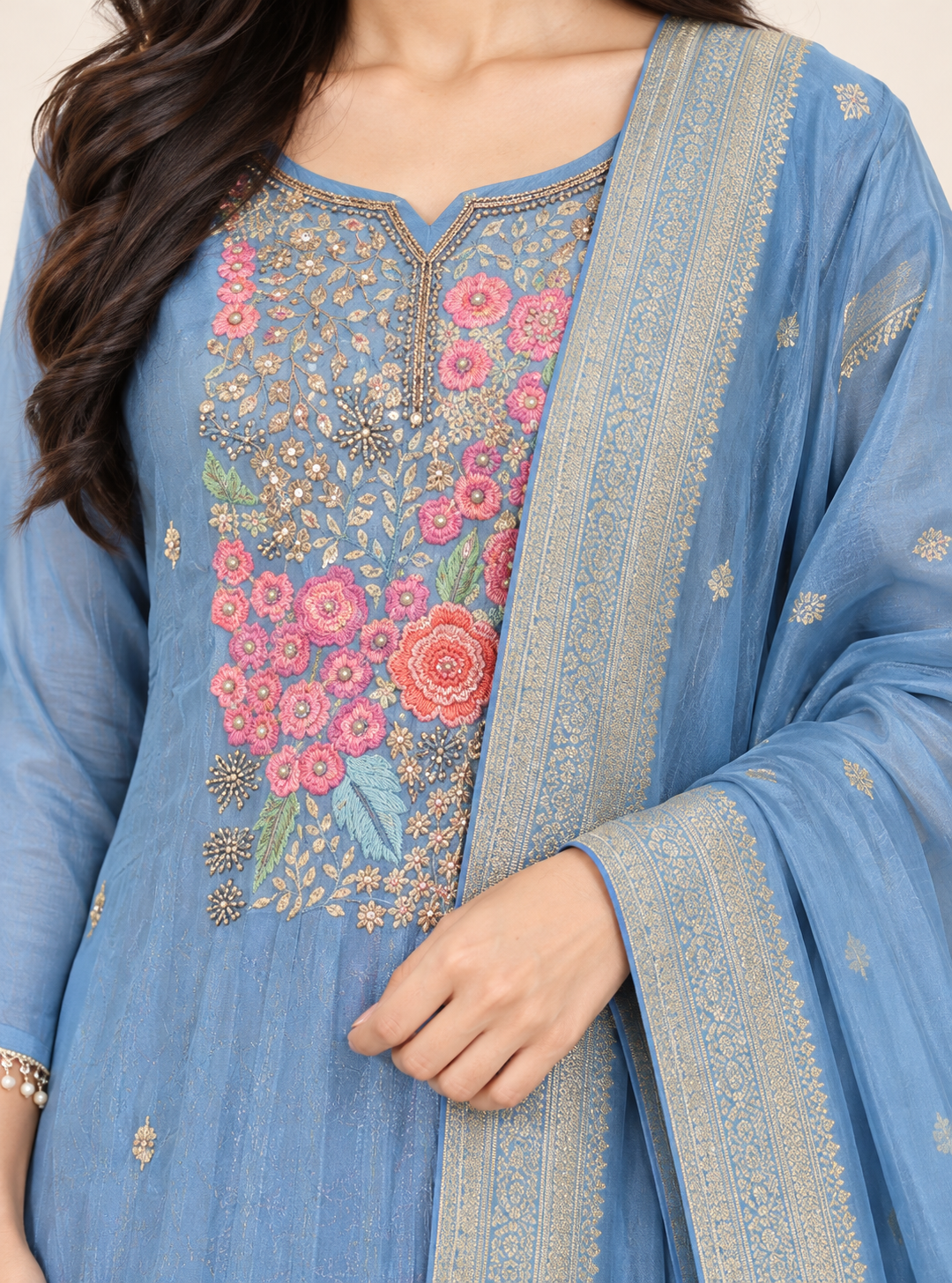 Skyfall Heritage Sky Blue Pure Banarasi Soft Tissue Silk Handwork Suit Set with Dupatta