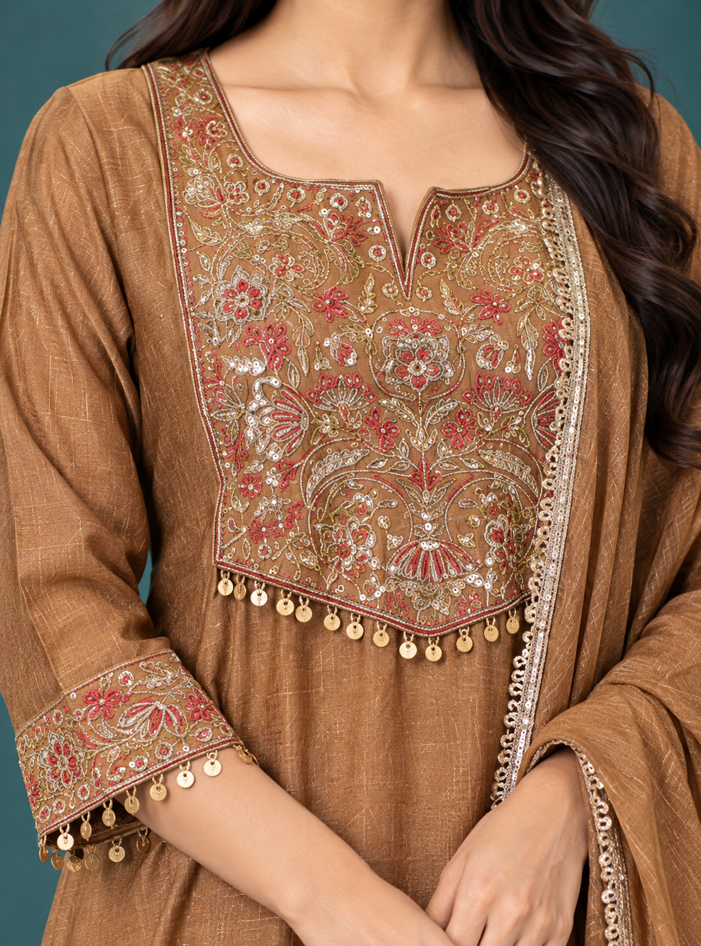 Copper Bloom Rust Silk Blend Sequin Threadwork Anarkali Suit Set with Dupatta