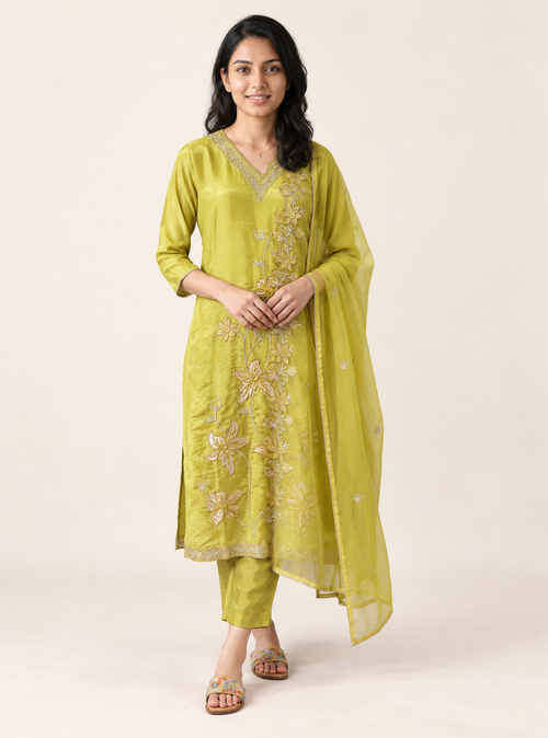 Emerald Aura Green Tissue Shimmer Straight Suit Set with Dupatta – Indieshades