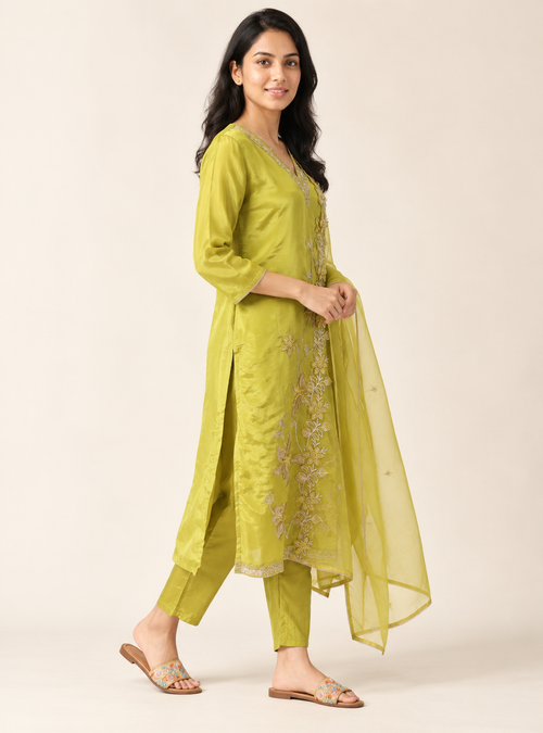 Emerald Aura Green Tissue Shimmer Straight Suit Set with Dupatta – Indieshades
