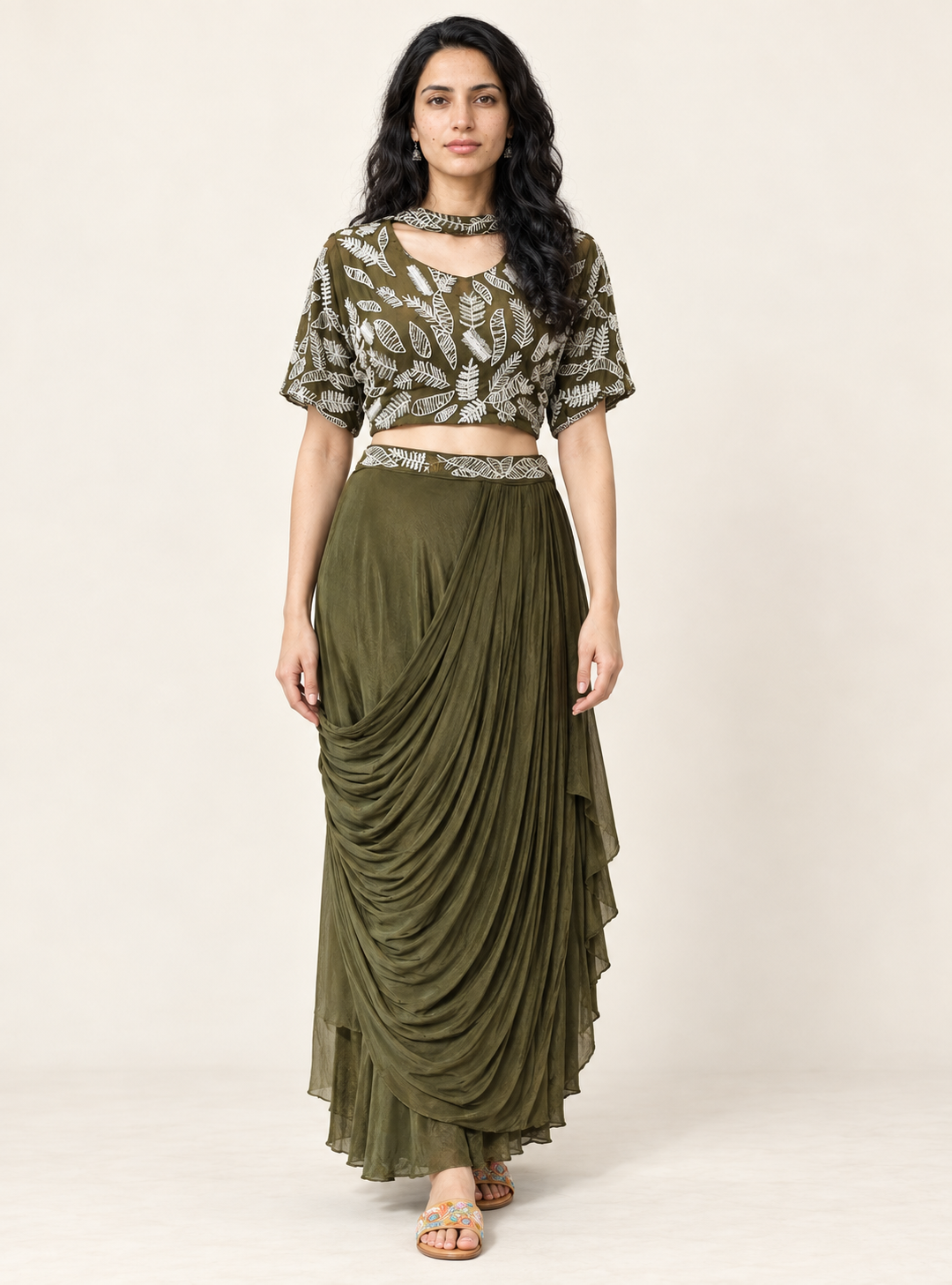 Emerald Regal Green Chinon Crop Top Lehenga Set with Dupatta – Indieshades