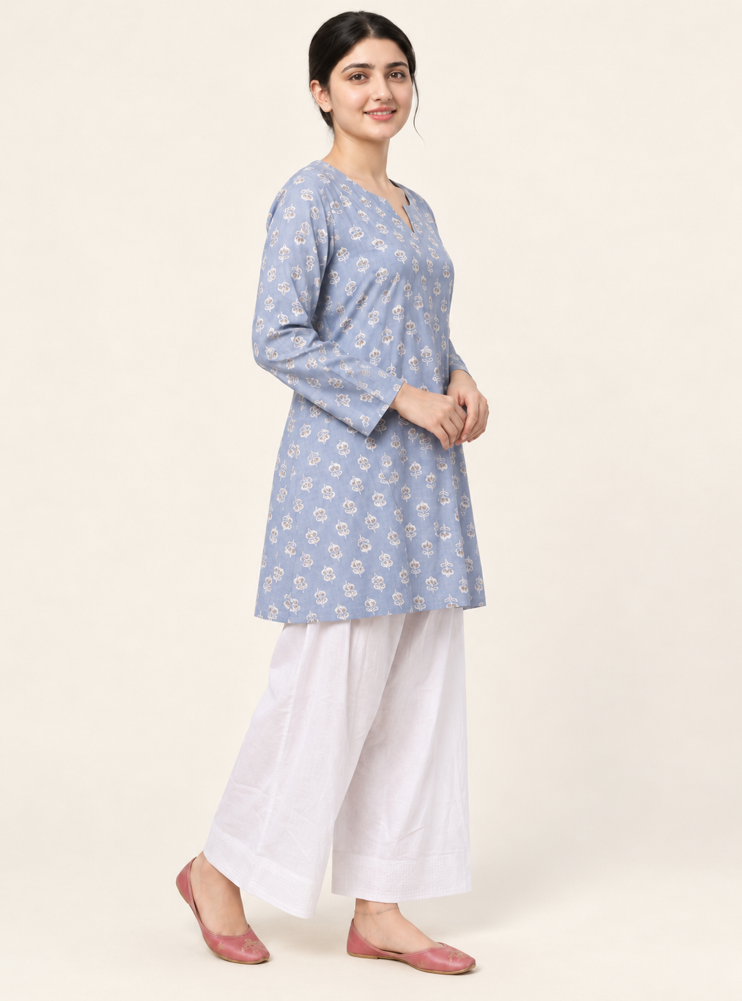 Moonlit Bloom Grey Printed Pure Cotton Anarkali Co-Ord Set