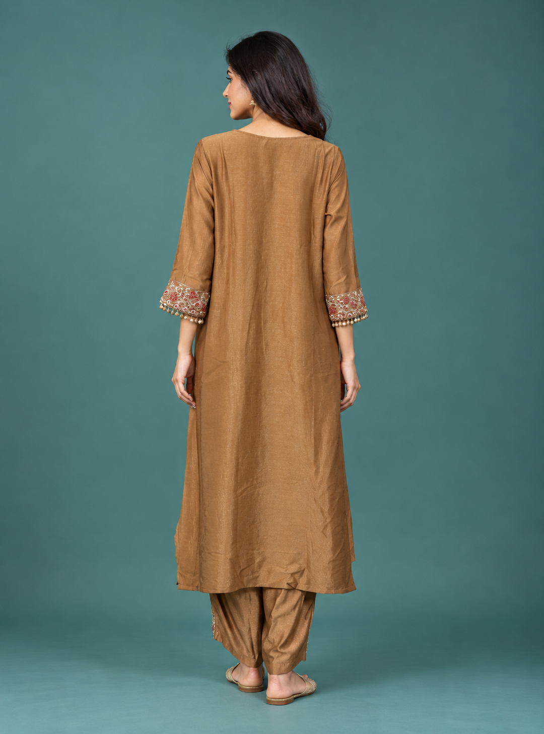 Copper Bloom Rust Silk Blend Sequin Threadwork Anarkali Suit Set with Dupatta