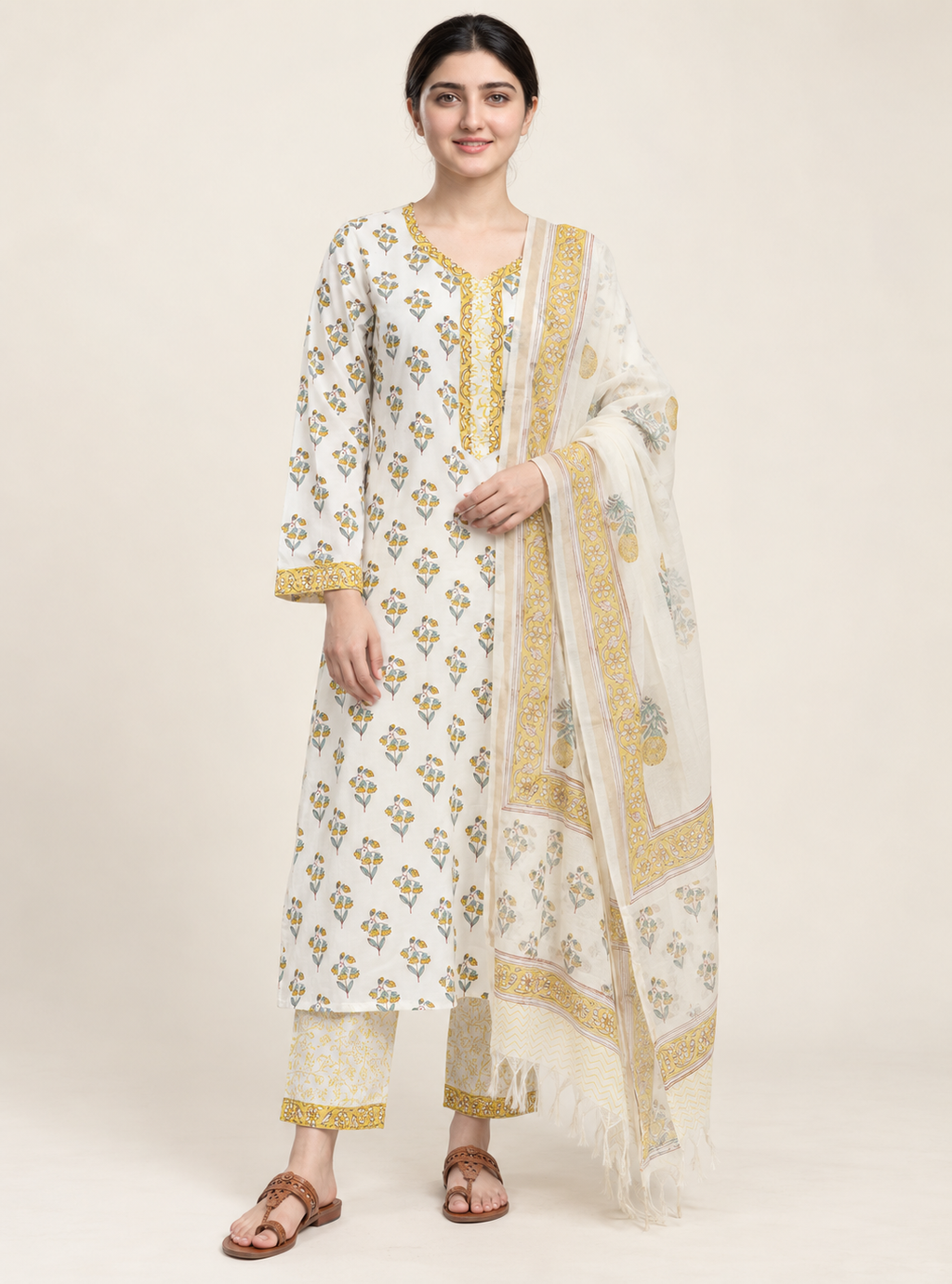 Golden Artisan Yellow Block Print Cotton Straight Suit Set with Dupatta – Indieshades