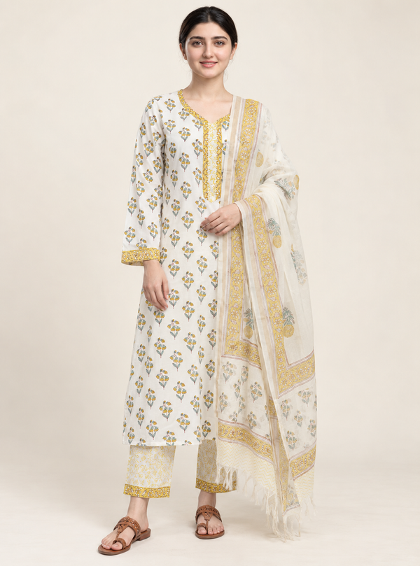 Golden Artisan Yellow Block Print Cotton Straight Suit Set with Dupatta