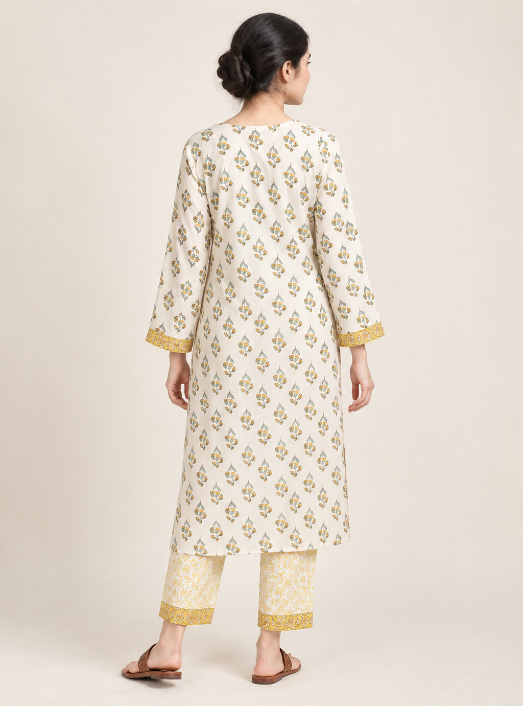 Golden Artisan Yellow Block Print Cotton Straight Suit Set with Dupatta – Indieshades