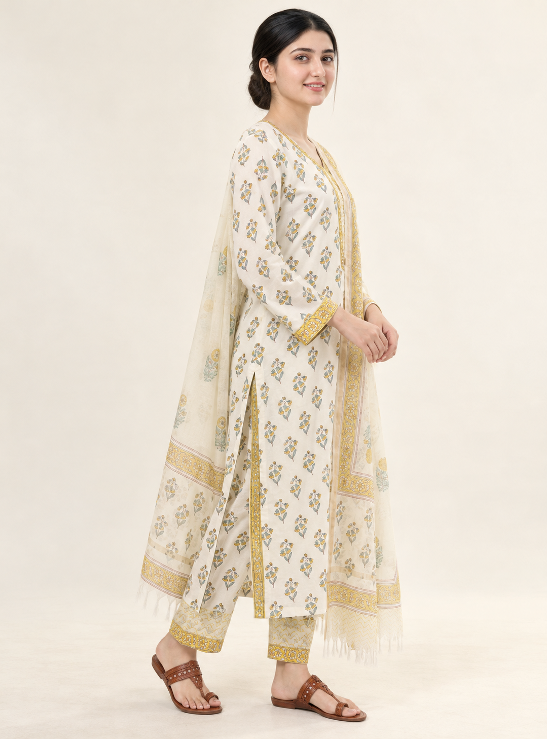 Golden Artisan Yellow Block Print Cotton Straight Suit Set with Dupatta – Indieshades