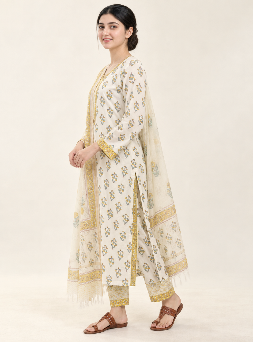 Golden Artisan Yellow Block Print Cotton Straight Suit Set with Dupatta – Indieshades