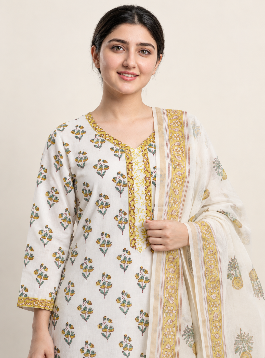 Golden Artisan Yellow Block Print Cotton Straight Suit Set with Dupatta – Indieshades
