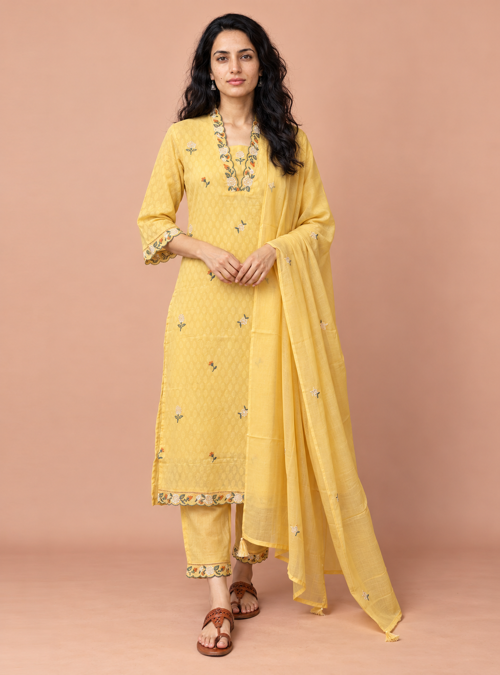 Golden Filigree Yellow Dobby Cotton Embroidered Suit Set with Dupatta