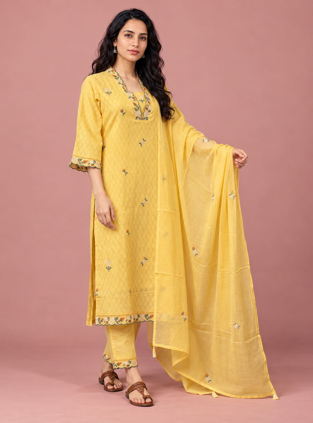 Golden Filigree Yellow Dobby Cotton Embroidered Suit Set with Dupatta