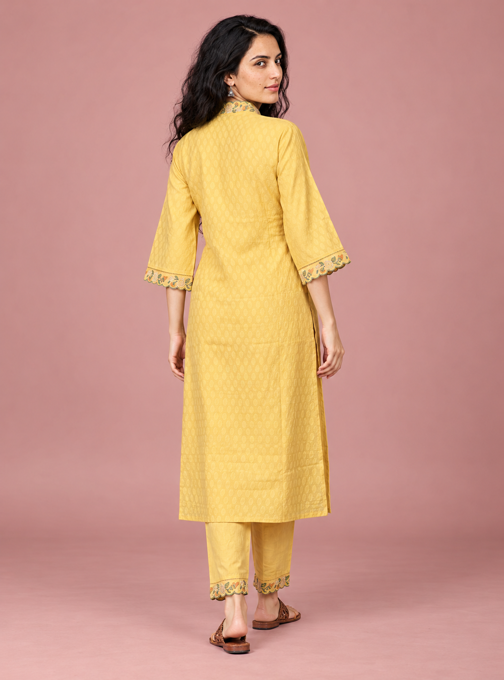 Golden Filigree Yellow Dobby Cotton Embroidered Suit Set with Dupatta