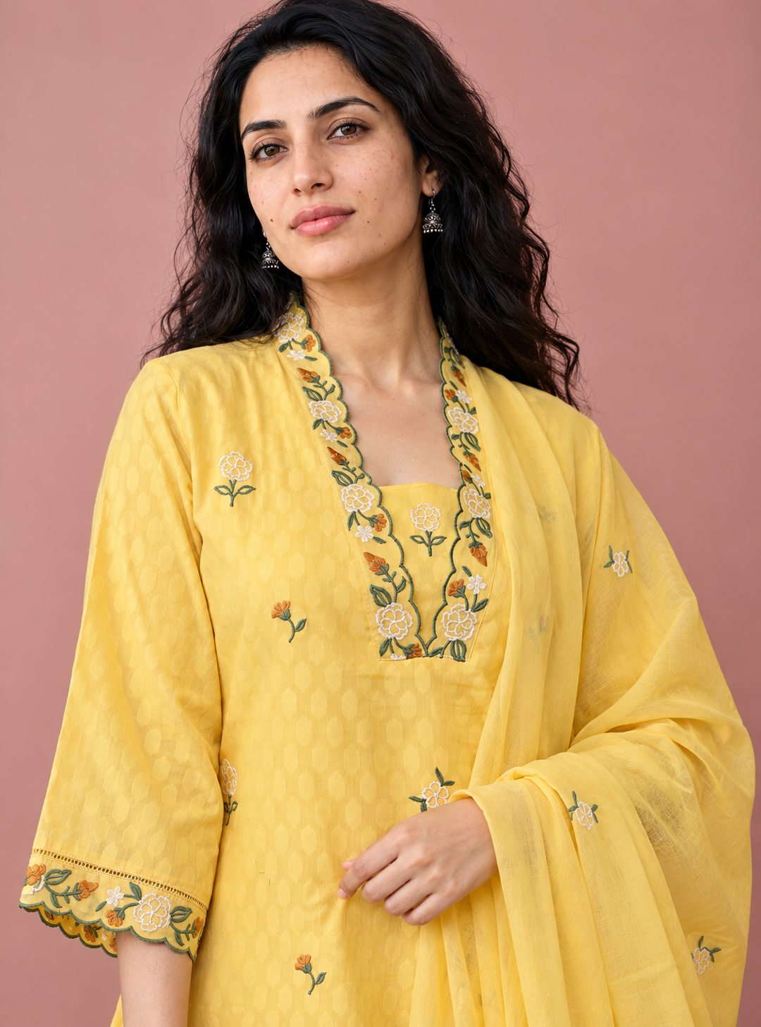 Golden Filigree Yellow Dobby Cotton Embroidered Suit Set with Dupatta