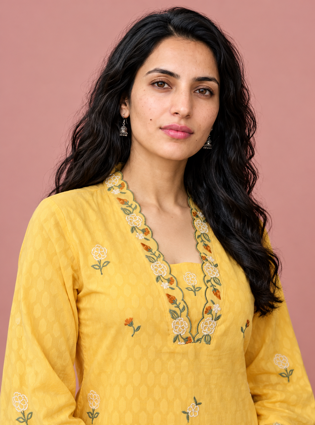 Golden Filigree Yellow Dobby Cotton Embroidered Suit Set with Dupatta