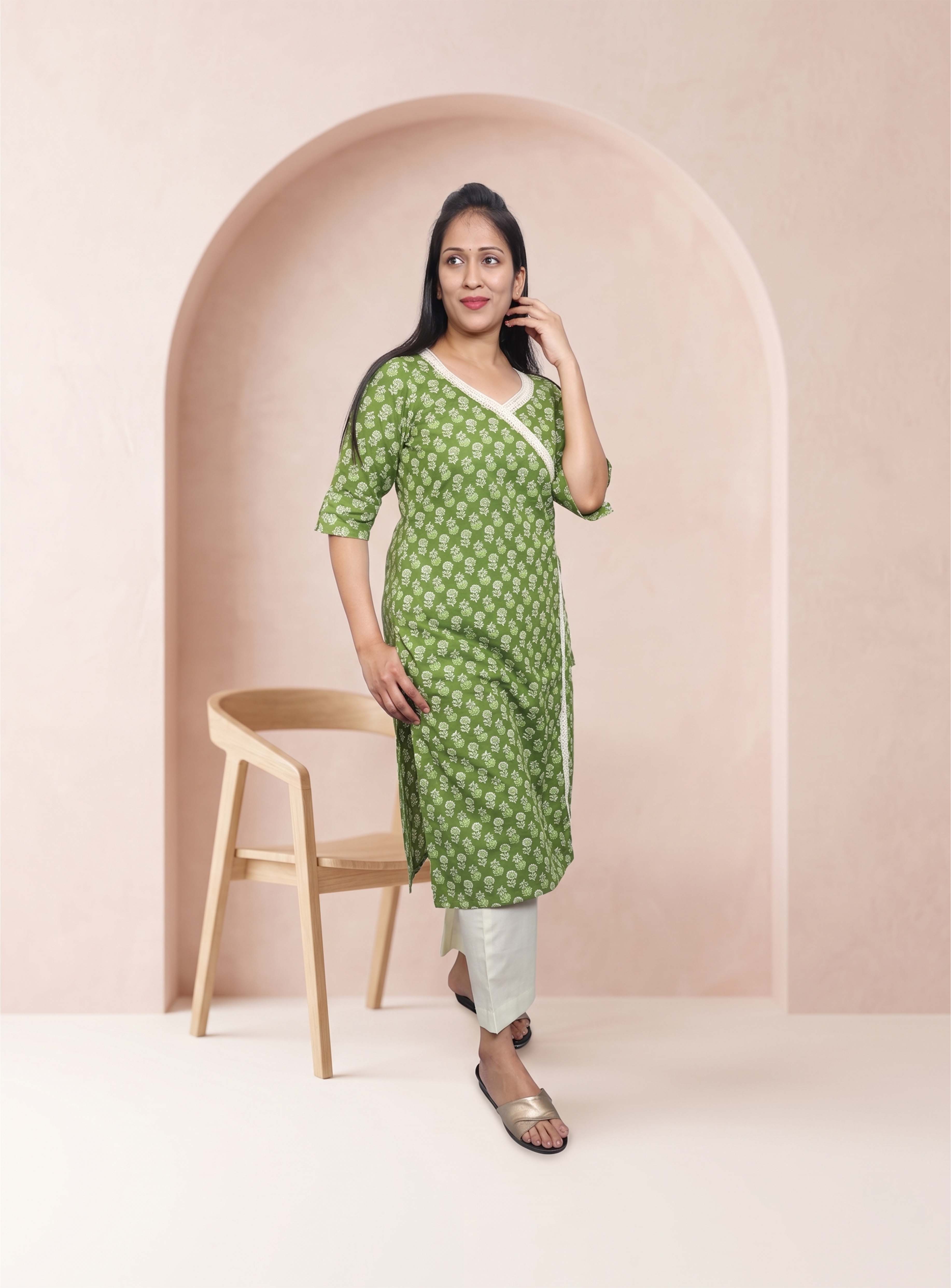 Green cotton angrakha straight co ord set
