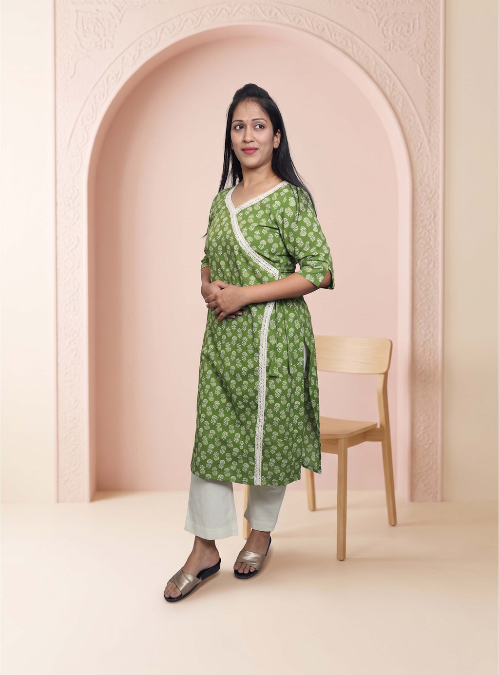 Green cotton angrakha straight co ord set