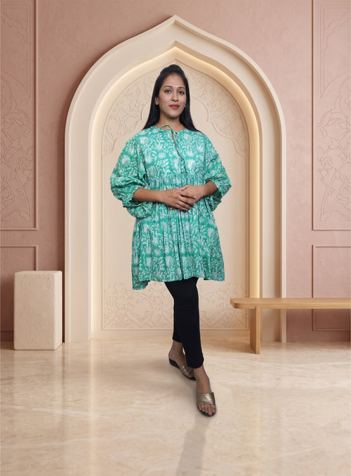 Green block print cotton kurti