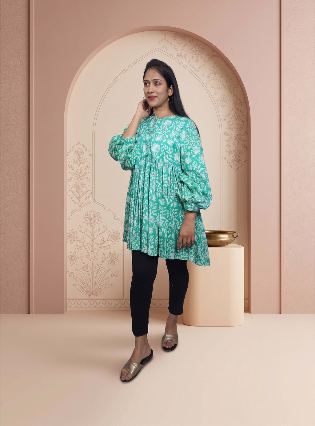 Green block print cotton kurti