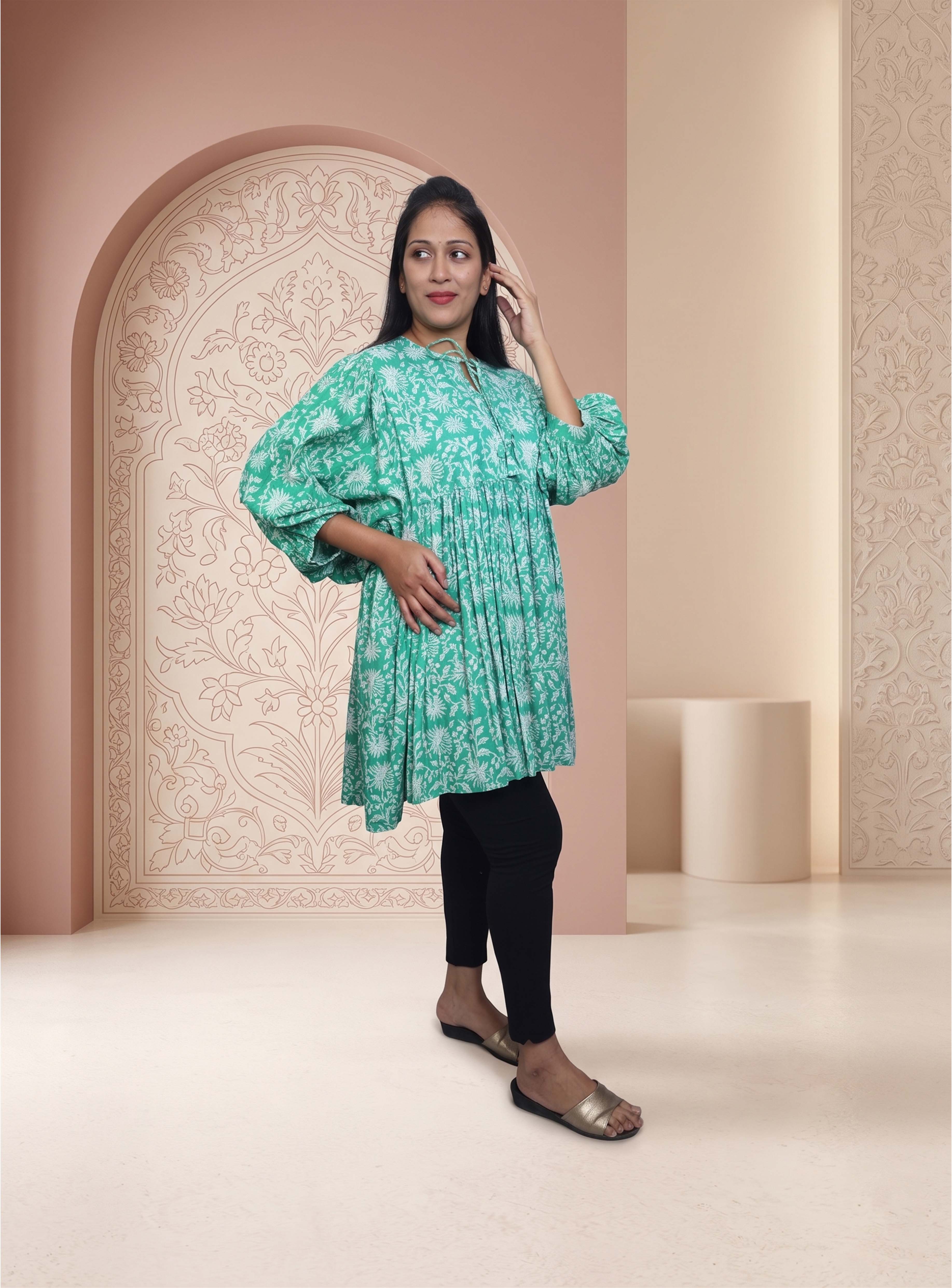 Green block print cotton kurti