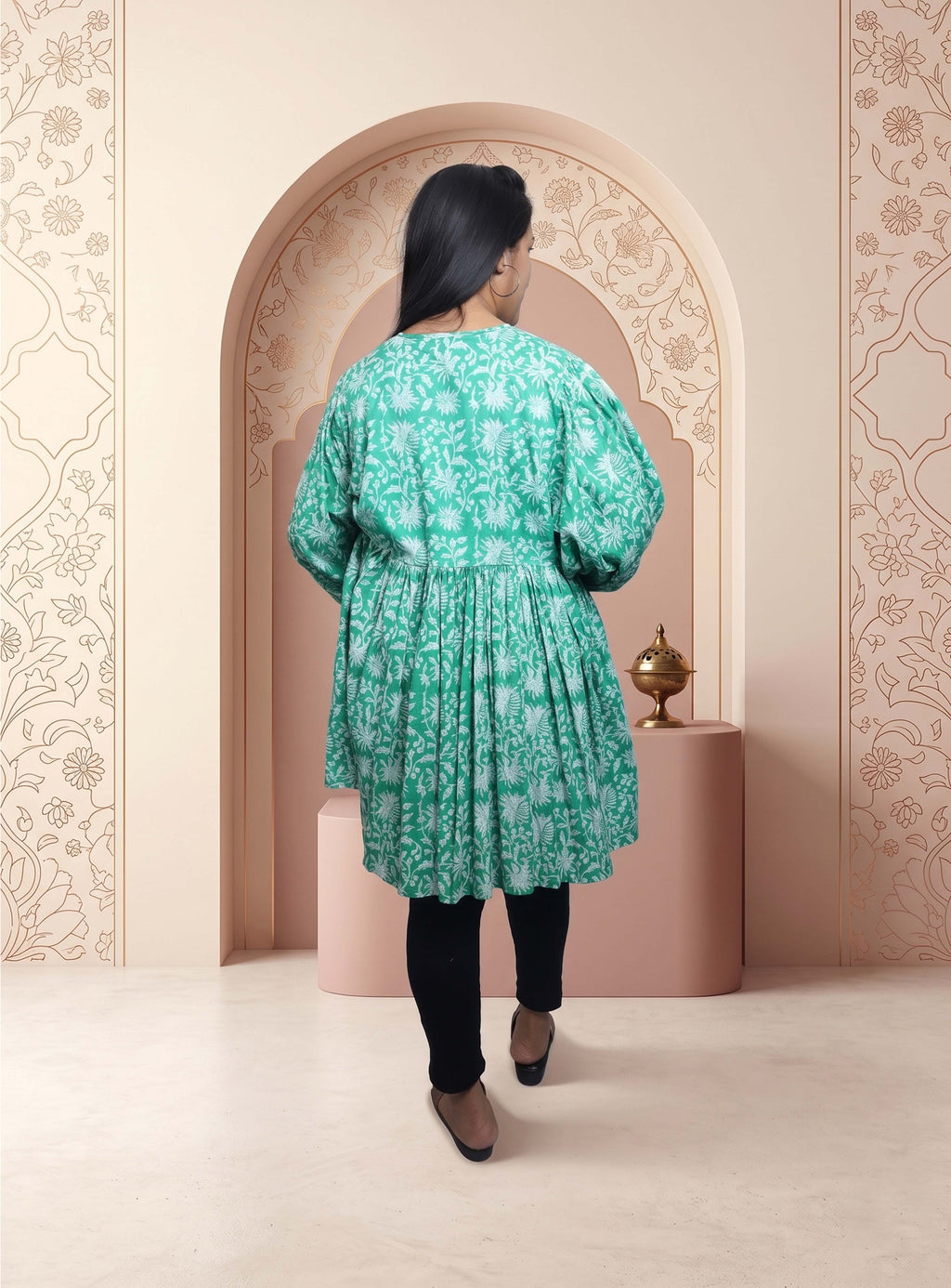 Green block print cotton kurti