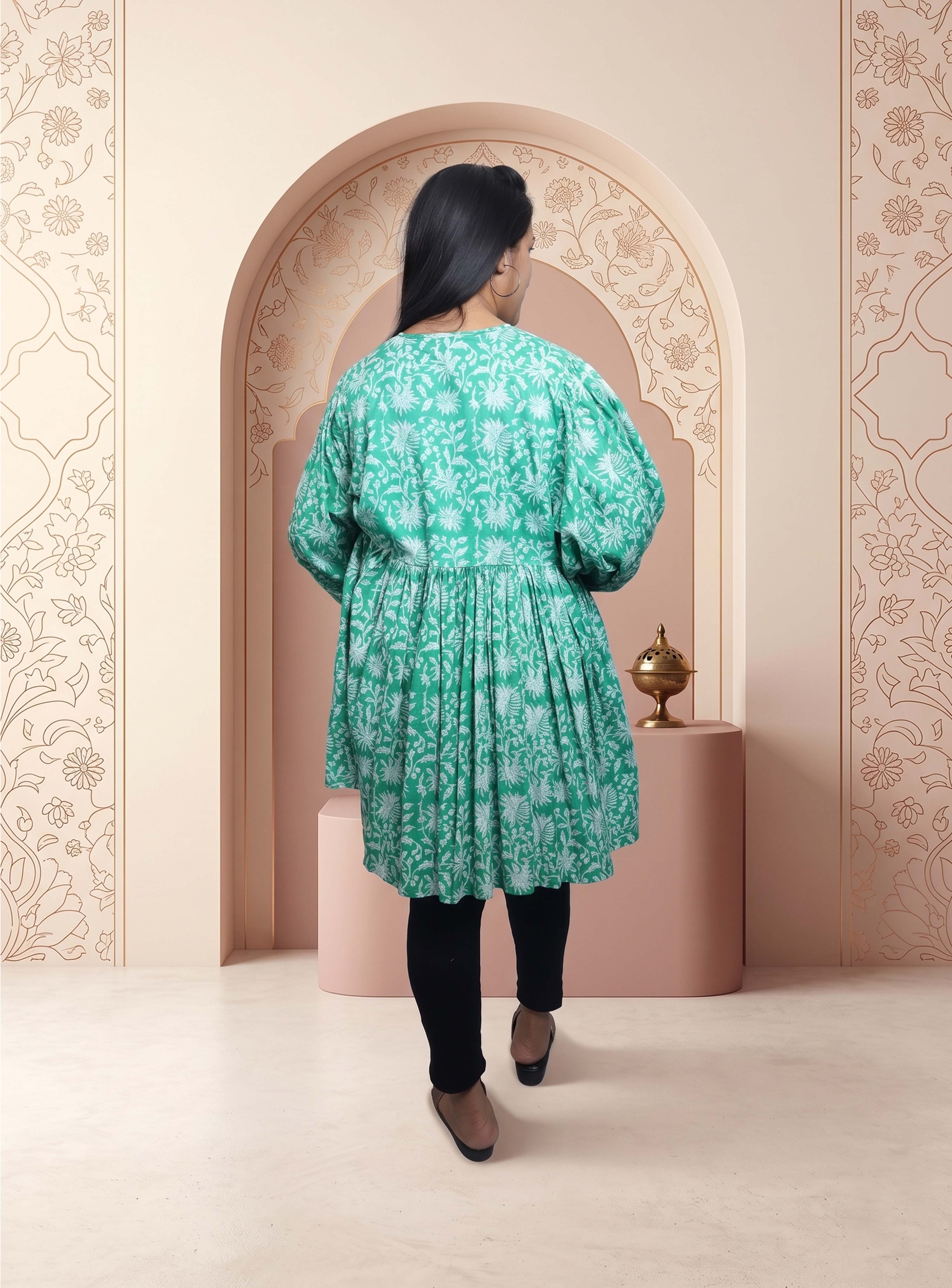 Green block print cotton kurti