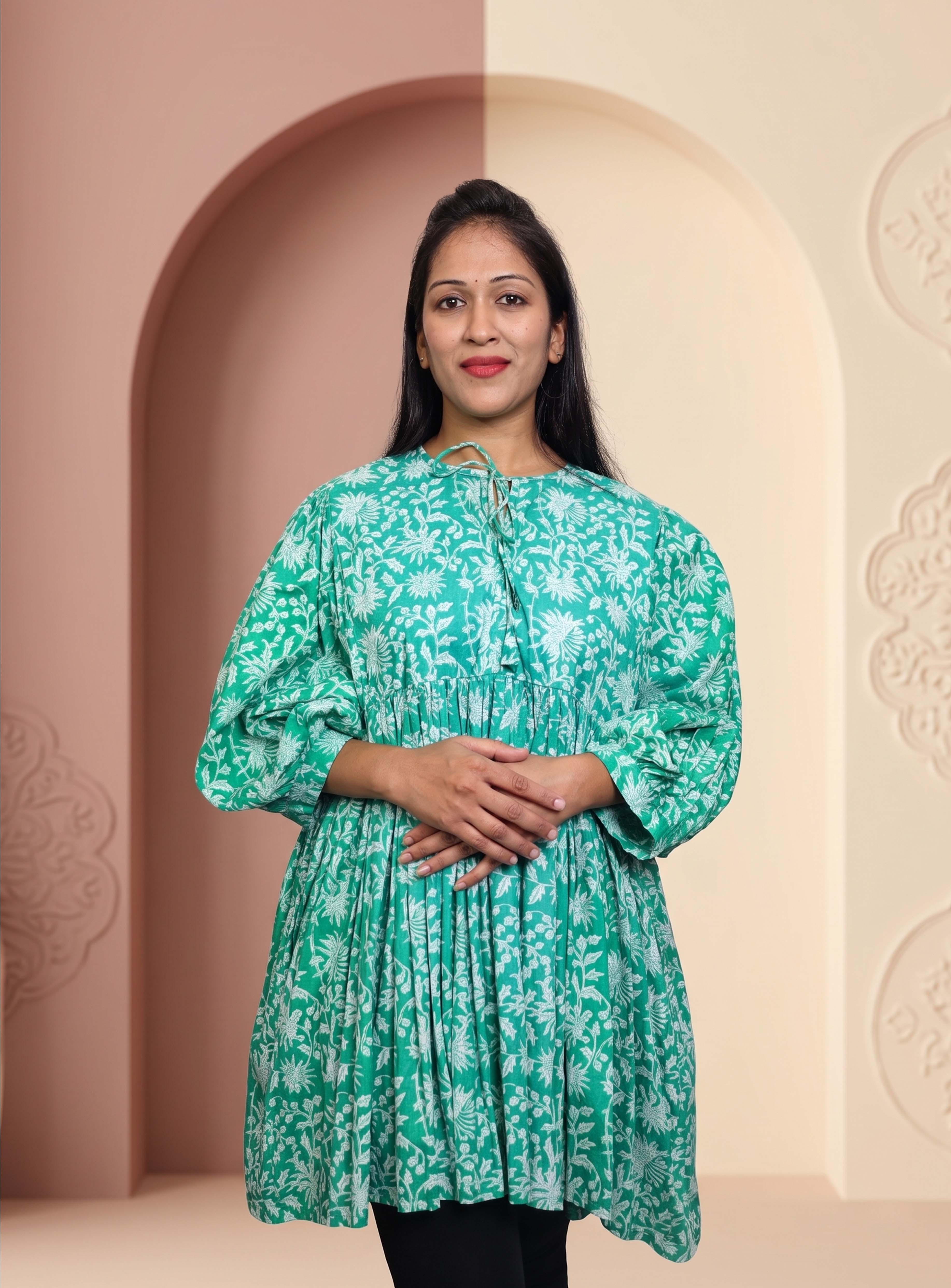Green block print cotton kurti