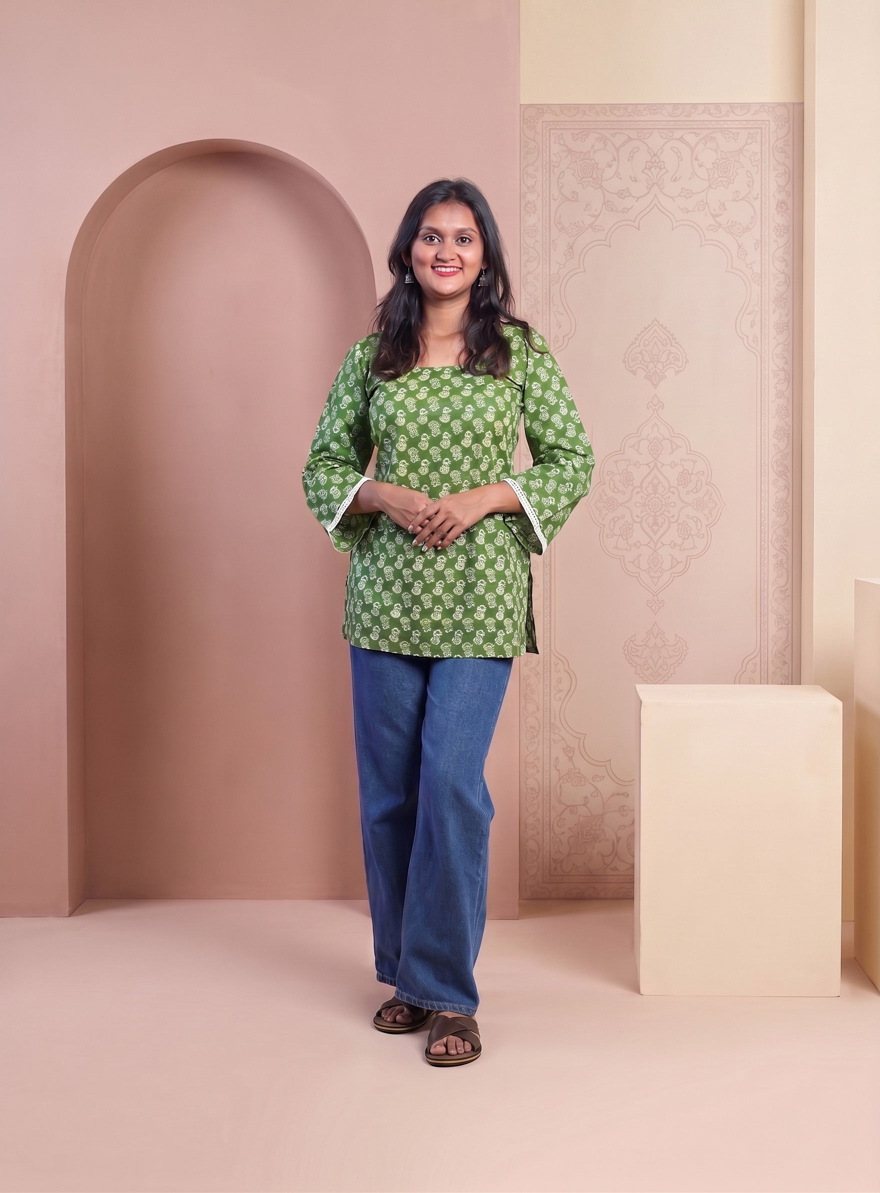 Green cotton block print short kurti