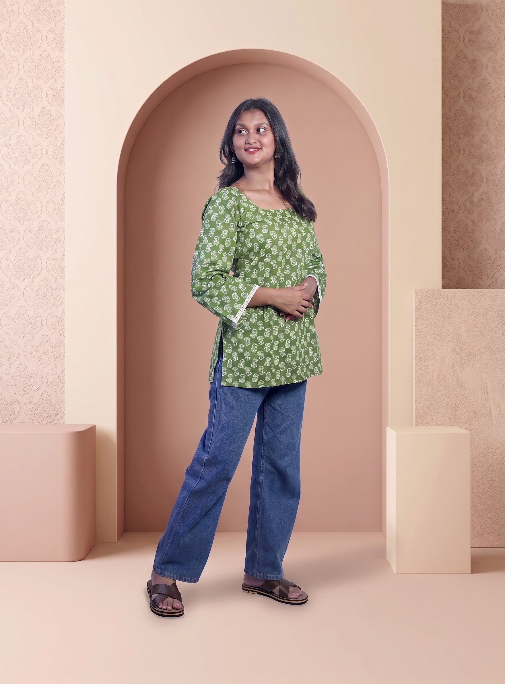 Green cotton block print short kurti