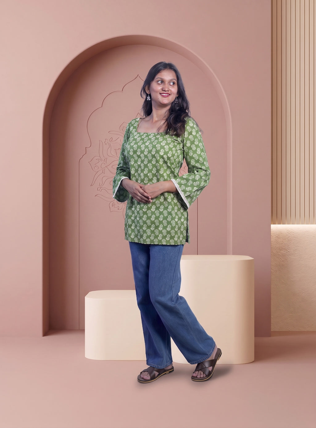 Green cotton block print short kurti
