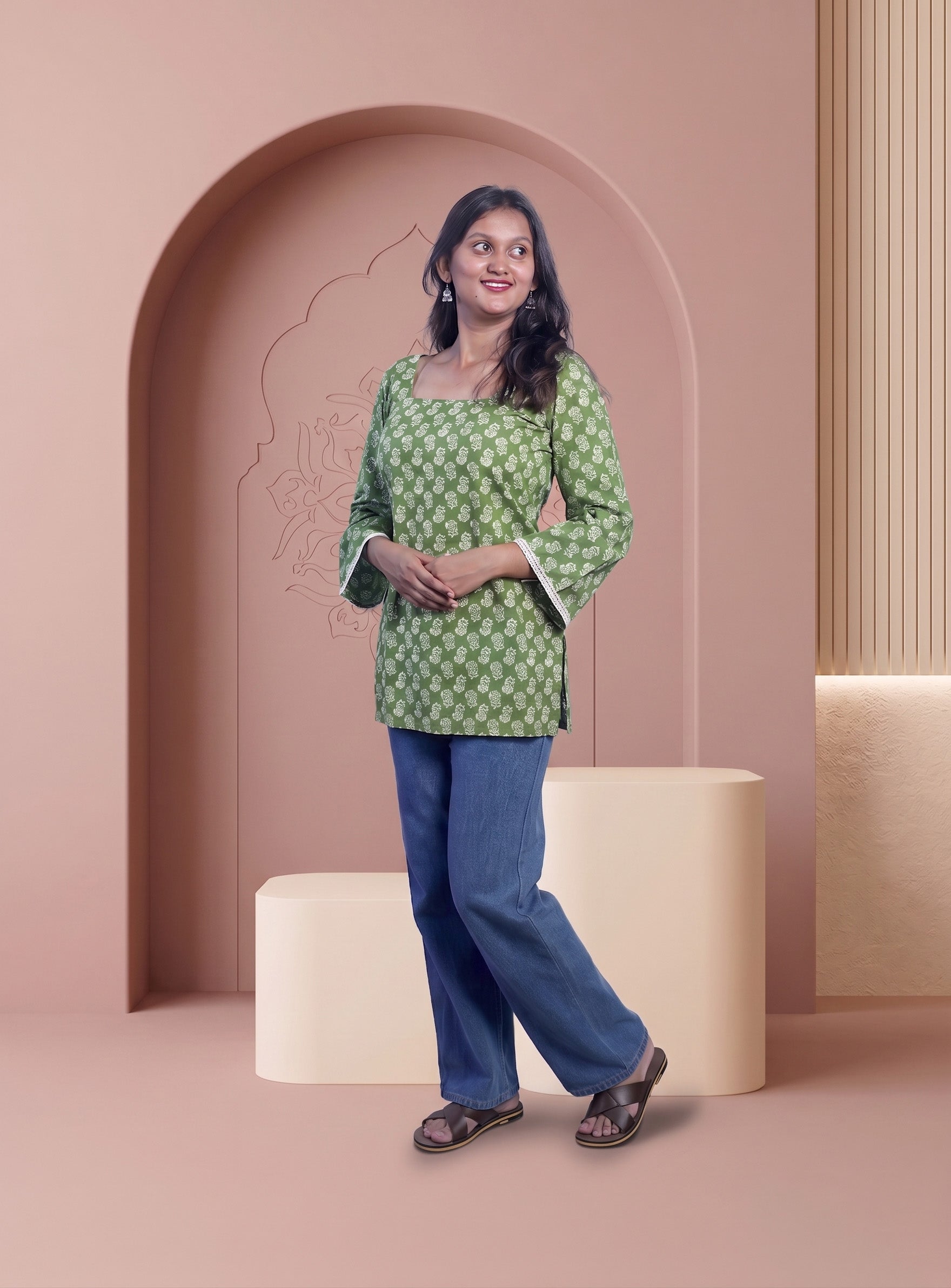 Green cotton block print short kurti