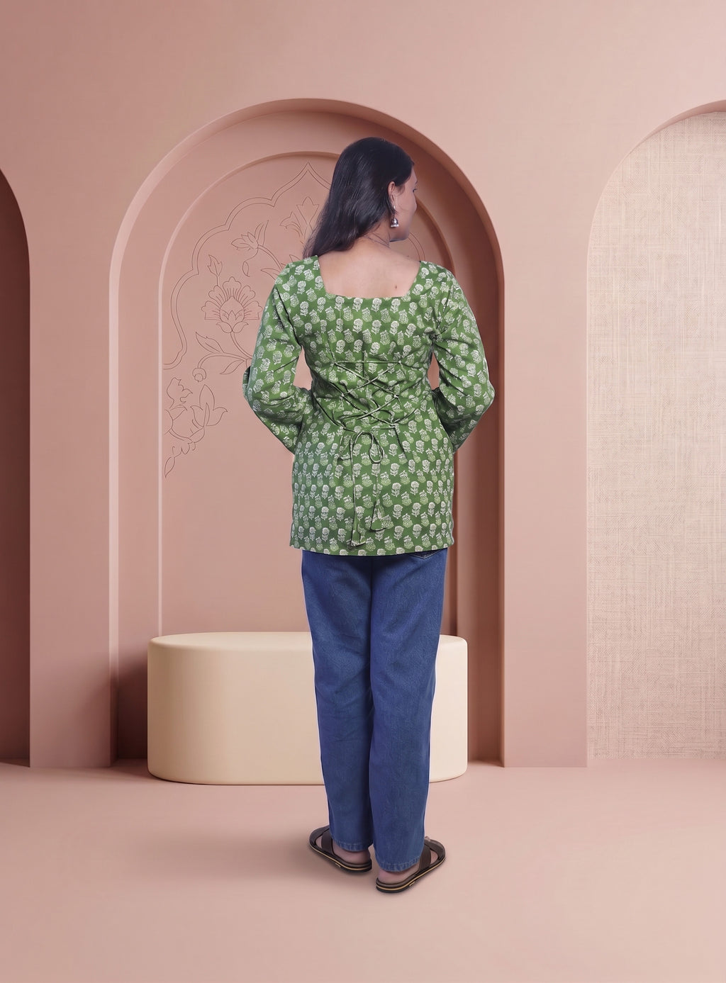Green cotton block print short kurti