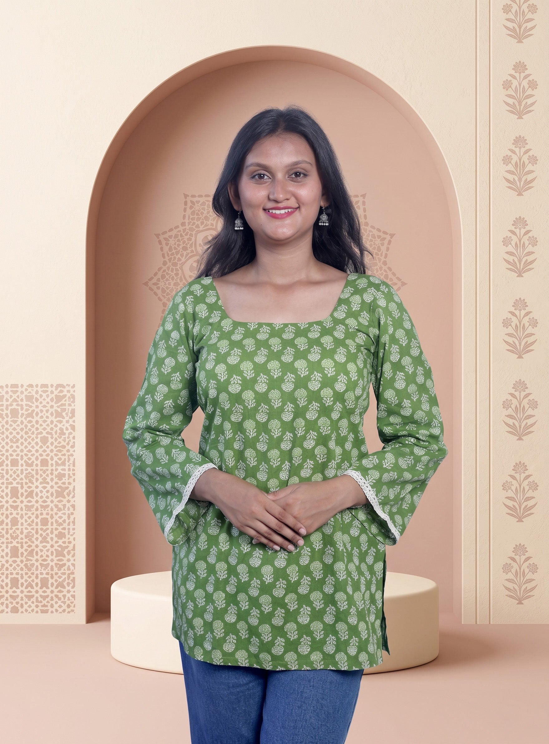 Green cotton block print short kurti