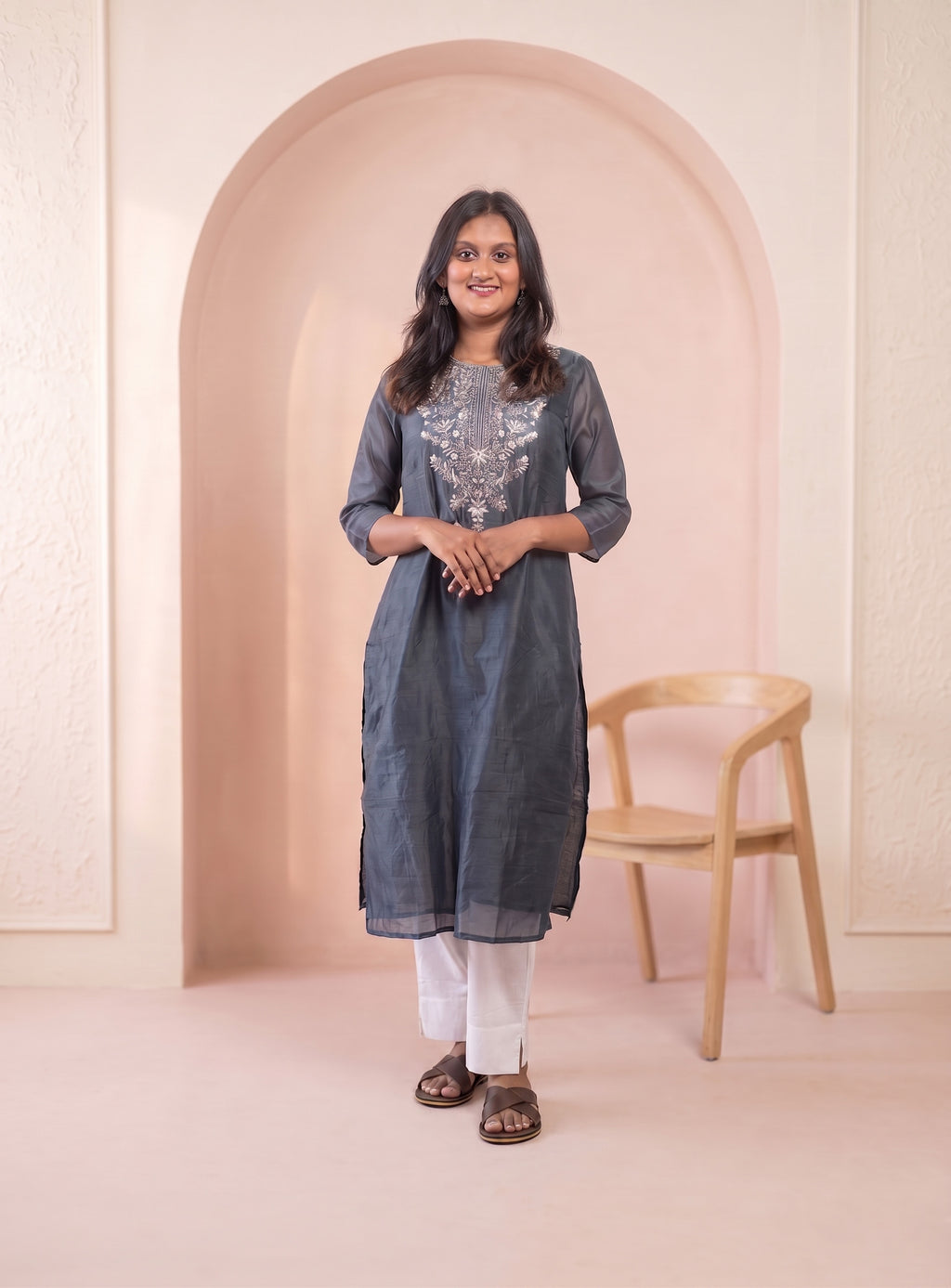 Grey chanderi hand work straight kurta