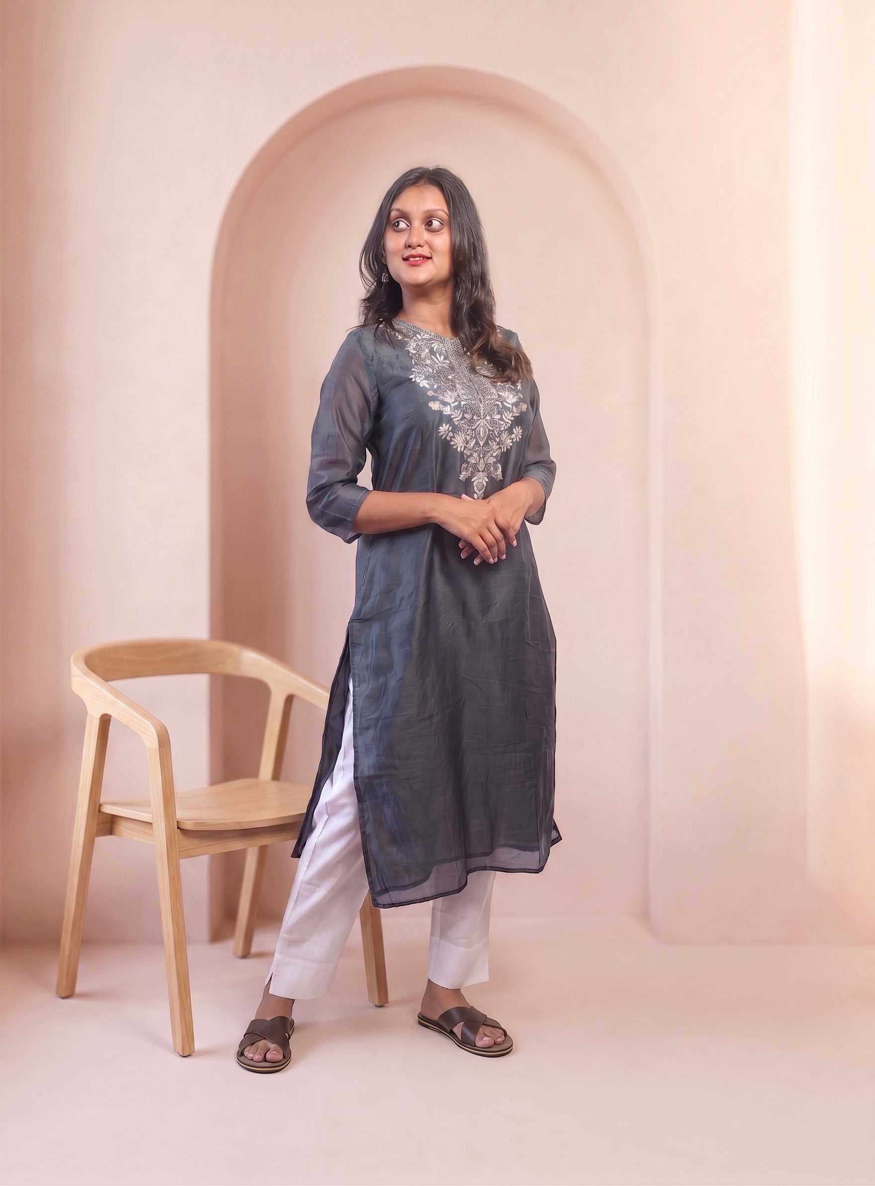 Grey chanderi hand work straight kurta