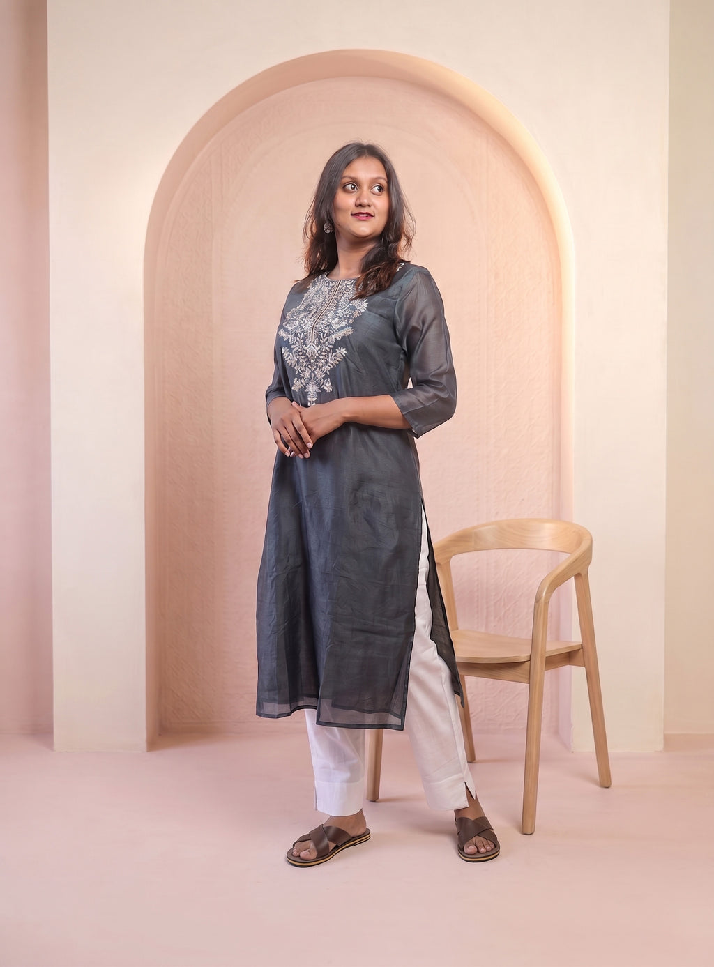 Grey chanderi hand work straight kurta