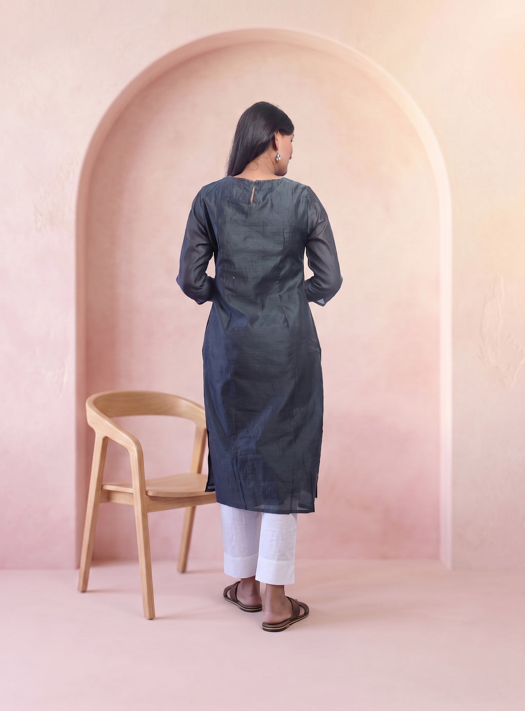 Grey chanderi hand work straight kurta