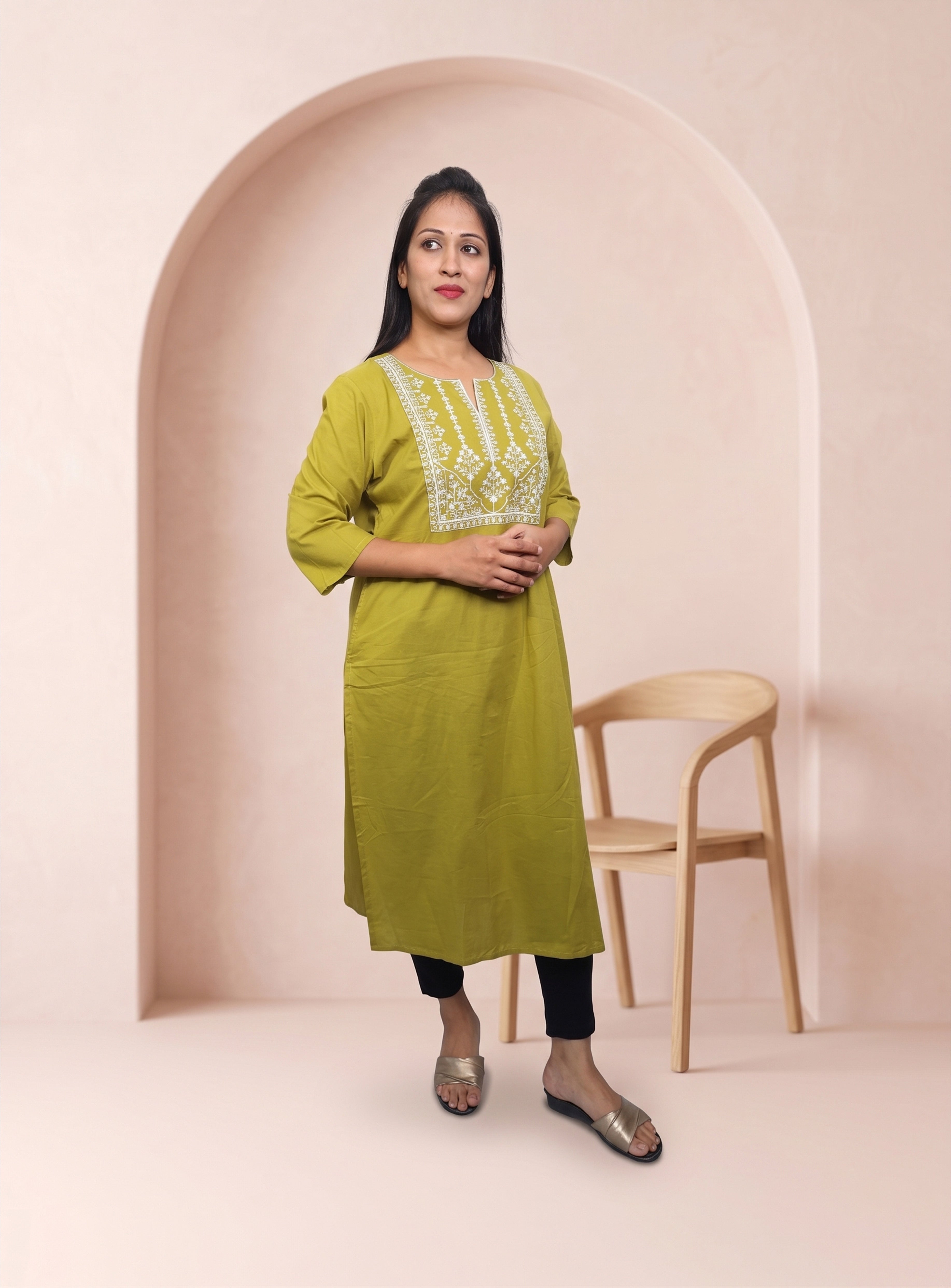 Green thread embroidery cotton straight kurti