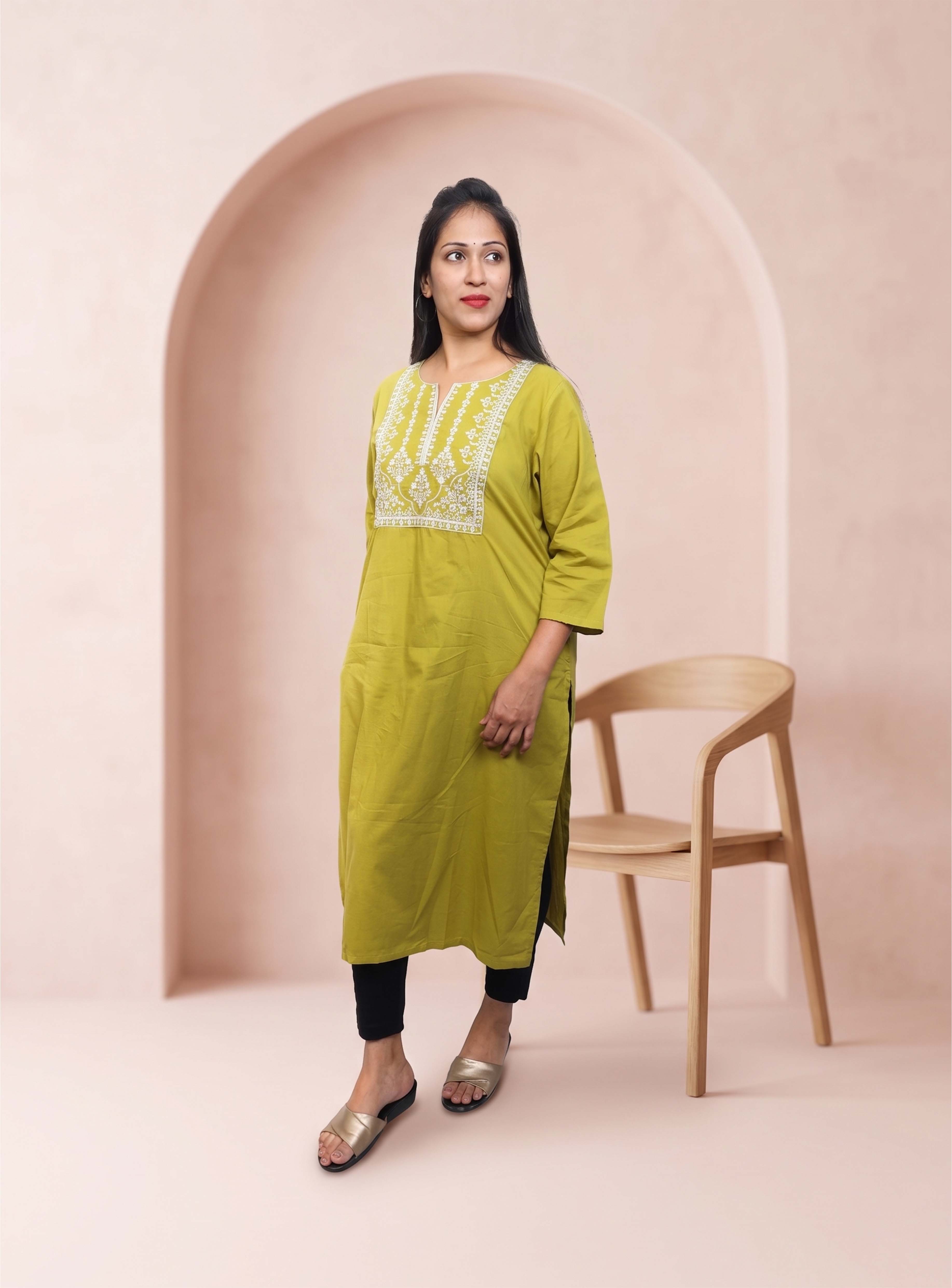 Green thread embroidery cotton straight kurti