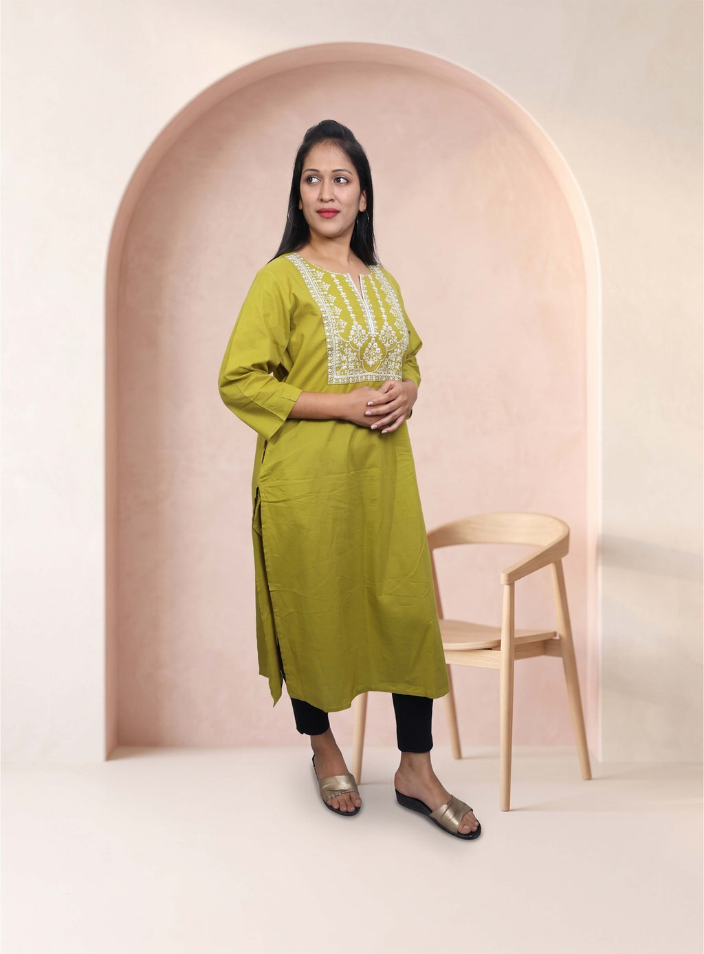 Green thread embroidery cotton straight kurti