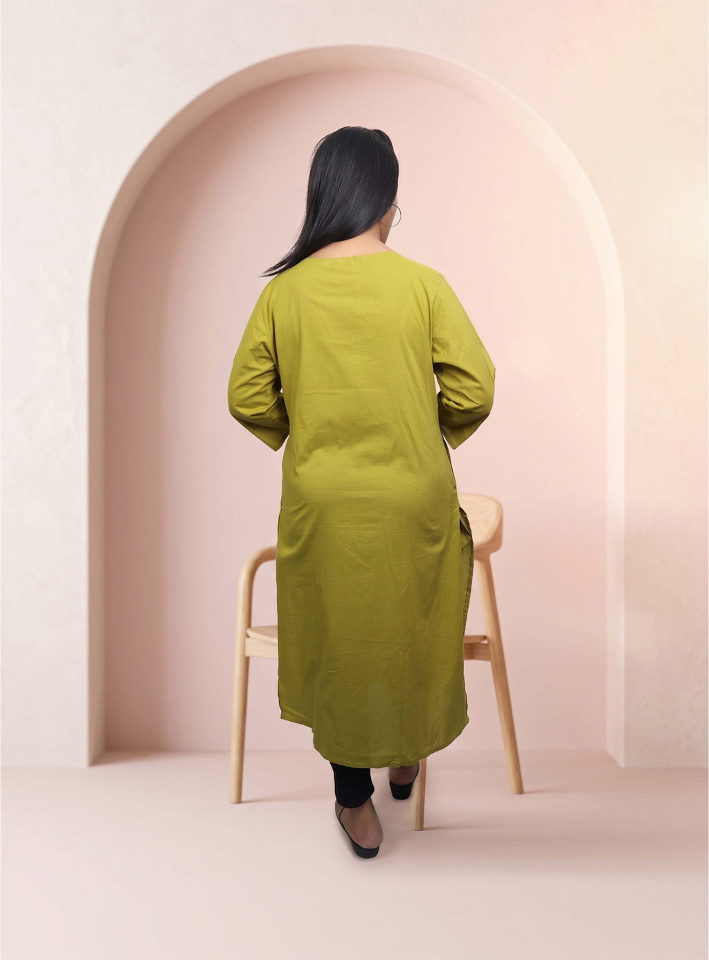 Green thread embroidery cotton straight kurti